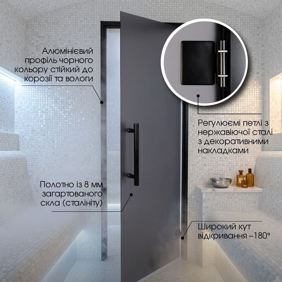Двері для хамаму Tesli Antalya Black 1900х700