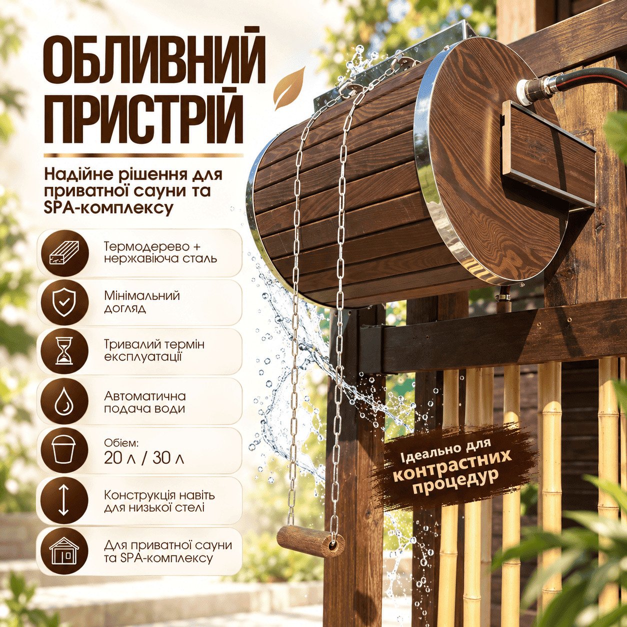 Водоспад-циліндр Tesli 20 л. із термодеревини та нержавіючою вставкою